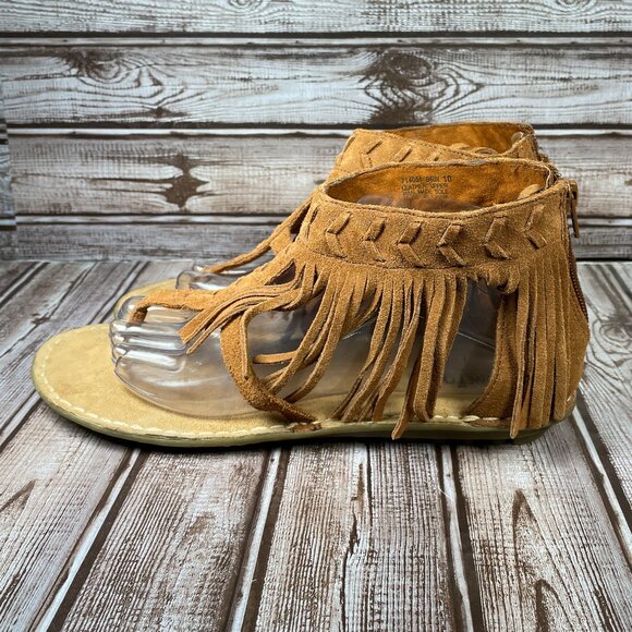 MINNETONKA Women's 10 Brown Ankle Suede Thong Fringe Back Zip Shoes Sandals EUC - Picture 4 of 9